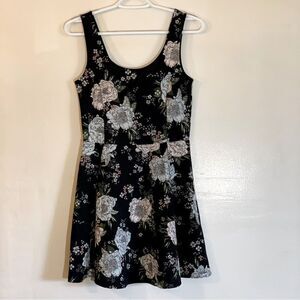 H&M Divided Floral Mini Dress Stretch Black Baby Blue Pink Sz 8 Gorgeous